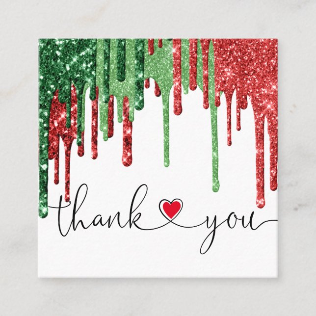 christmas modern script pink heart thank you square business card (Front)