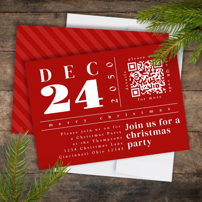 Christmas Modern Simple Red Bold Stripes QR Code Invitation (Christmas modern style simple red striped party invitation, )