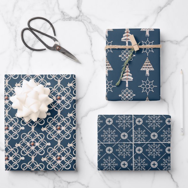 Christmas Modern Snowflake And Tree Pattern Wrapping Paper Sheet (Front)