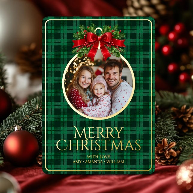 Christmas Modern Tartan Green Plaids Family Photo Foil Holiday Card (Christmas Modern Tartan Green Plaids Family Photo Foil Holiday Card)