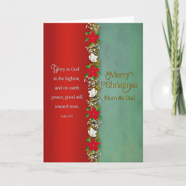 Christmas Mom & Dad Red Poinsettias in Garland Card (Front)