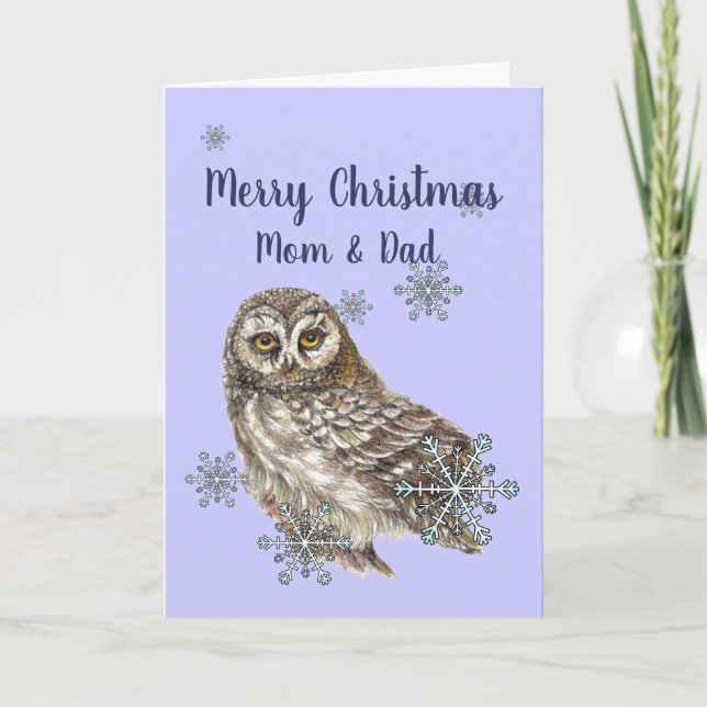 Christmas Mom & Dad  Snow flakes & Owl Bird Holida Holiday Card (Front)