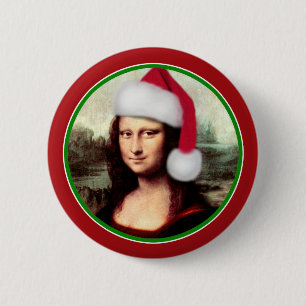 Christmas Mona Lisa With Santa Hat 2 Inch Round Button