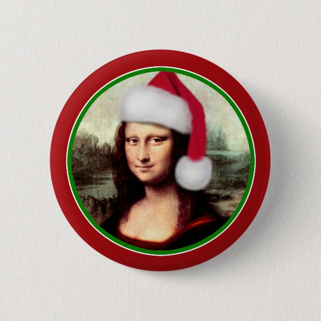 Christmas Mona Lisa With Santa Hat 2 Inch Round Button (Front)