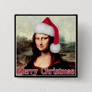 Christmas Mona Lisa With Santa Hat 2 Inch Square Button