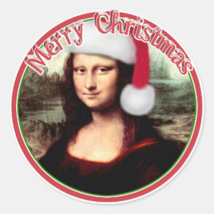 Christmas Mona Lisa With Santa Hat Classic Round Sticker