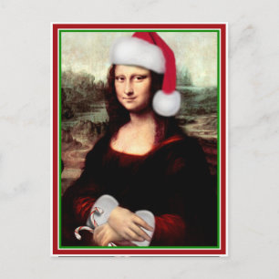 Christmas Mona Lisa With Santa Hat Holiday Postcard