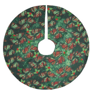 Christmas Monarch Butterfly Wings and Holly Berry Brushed Polyester Tree Skirt