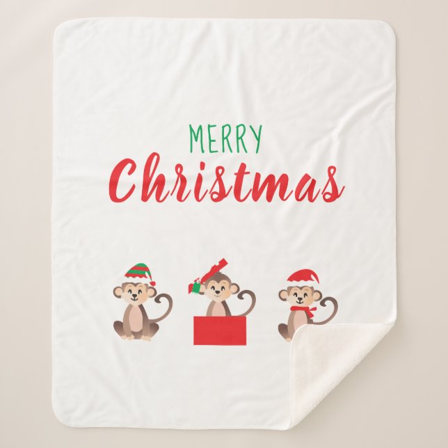 Christmas Monkeys Santa Elf Hat Red Green Sherpa Blanket (Front)