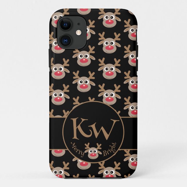 Christmas Monogram Black Cute Reindeer Pattern Case-Mate iPhone Case (Back)