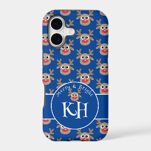 Christmas Monogram Blue Cute Reindeer Pattern