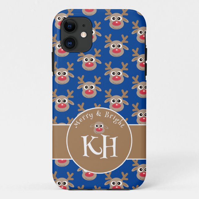 Christmas Monogram Blue Cute Reindeer Pattern Case-Mate iPhone Case (Back)