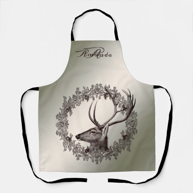 Christmas Monogram Floral Reindeer Golden Winter Apron (Front)