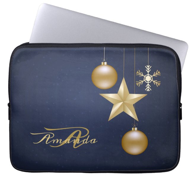 Christmas Monogram Golden Ornaments Navy Blue Laptop Sleeve (Front)