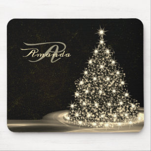 Christmas Monogram Golden Shiny Tree Winter Black Mouse Pad