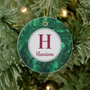 Christmas Monogram Green Gemstone Family Initial Ceramic Ornament