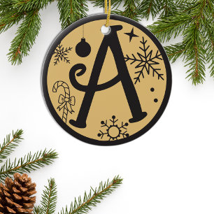 Christmas Monogram Letter A Black Gold Ceramic Ornament