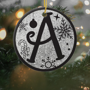Christmas Monogram Letter A Black Silver Glitter Ceramic Ornament
