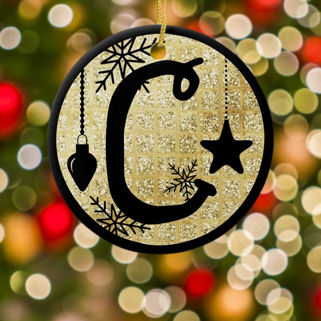 Christmas Monogram Letter C Black Gold Glitter Ceramic Ornament (Creator Uploaded)