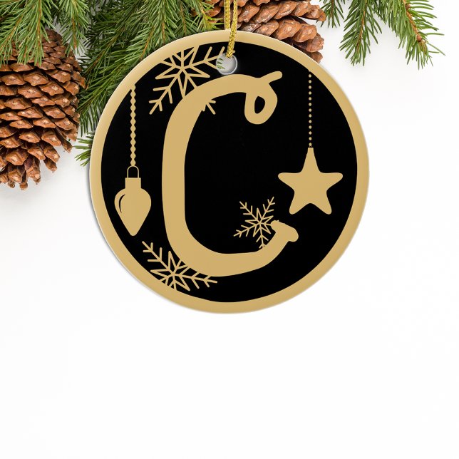 Christmas Monogram Letter C Gold Black Ceramic Ornament (Creator Uploaded)