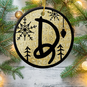 Christmas Monogram Letter D Black Gold Glitter Ceramic Ornament