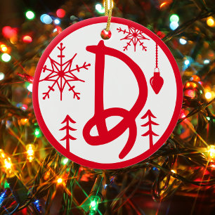 Christmas Monogram Letter D Red White Ceramic Ornament