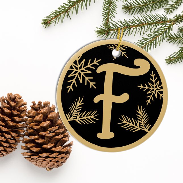 Christmas Monogram Letter F Gold Black Ceramic Ornament (Creator Uploaded)