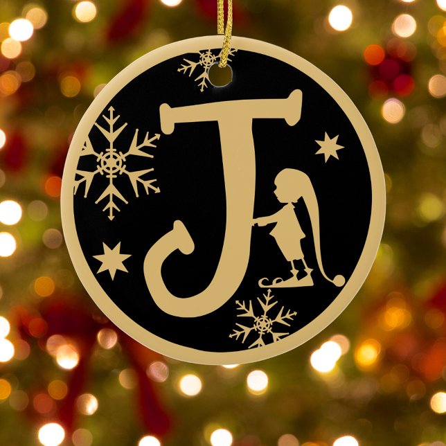 Christmas Monogram Letter J Gold Black Ceramic Ornament (Creator Uploaded)