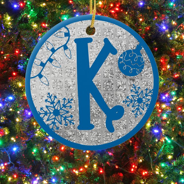 Christmas Monogram Letter K Blue Silver Glitter Ceramic Ornament (Creator Uploaded)