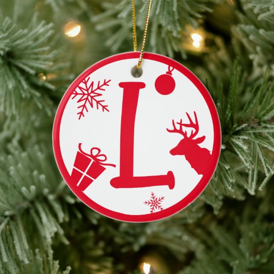 Christmas Monogram Letter L Red White Ceramic Ornament ...