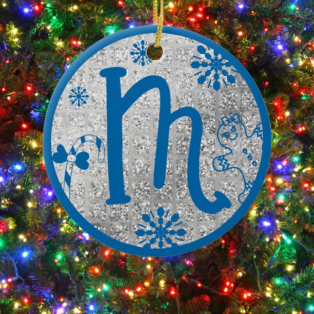 Christmas Monogram Letter M Blue Silver Glitter Ceramic Ornament (Creator Uploaded)