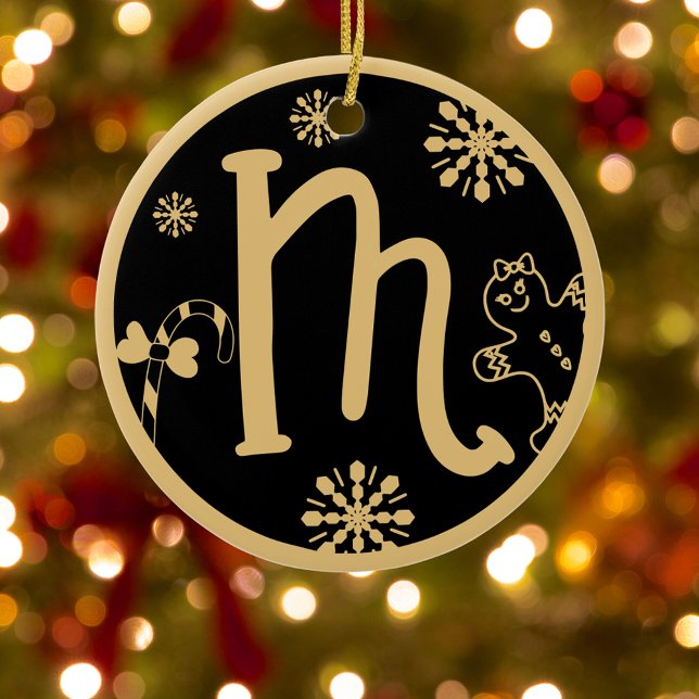 Christmas Monogram Letter M Gold Black Ceramic Ornament (Creator Uploaded)