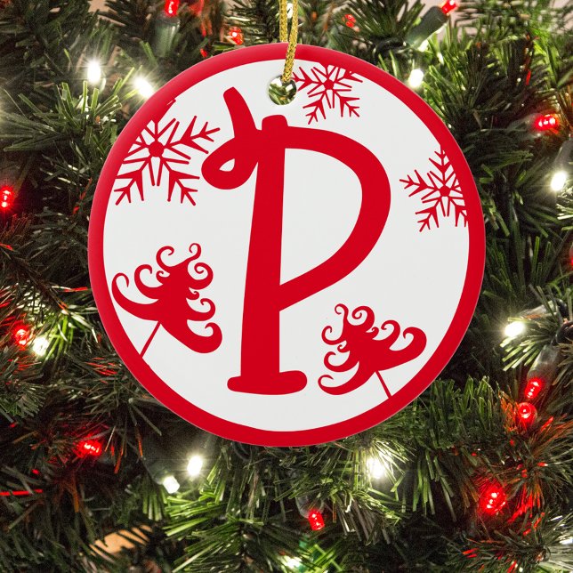 Christmas Monogram Letter P Red White Ceramic Ornament (Creator Uploaded)