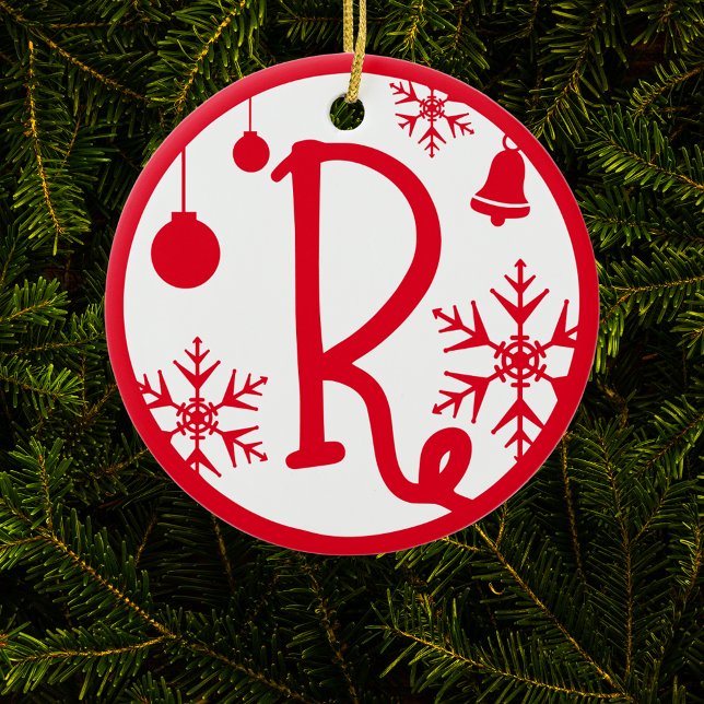 Christmas Monogram Letter R Red White Ceramic Ornament (Creator Uploaded)