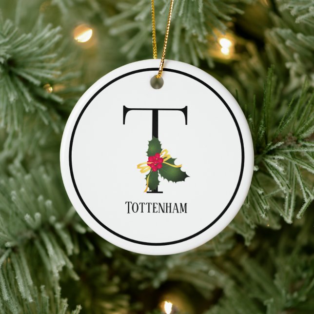 Christmas Monogram Letter T Personalized Ceramic Ornament (Tree)