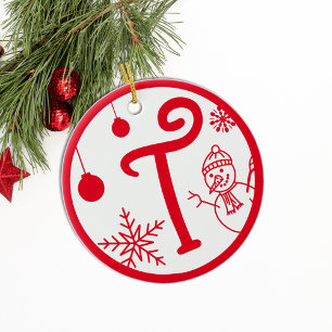Christmas Monogram Letter T Red White Ceramic Ornament