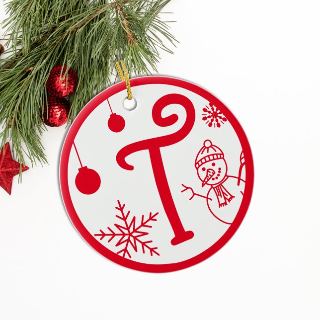 Christmas Monogram Letter T Red White Ceramic Ornament (Creator Uploaded)