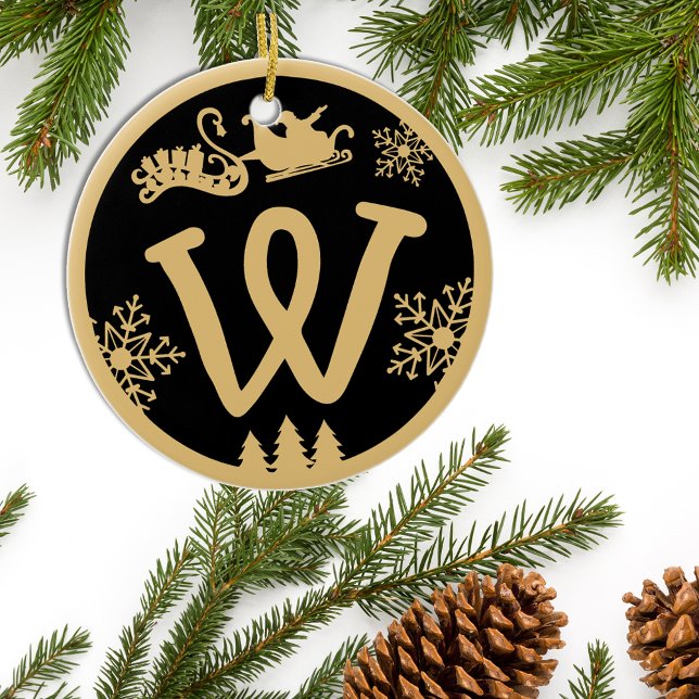 Christmas Monogram Letter W Gold Black Ceramic Ornament (Creator Uploaded)