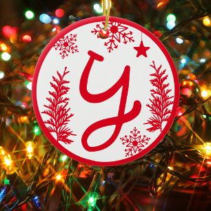 Christmas Monogram Letter Y Red White Ceramic Ornament