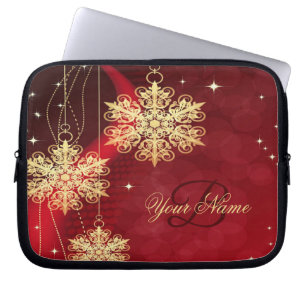 Christmas Monogram Name Red Golden Snowflakes Gift Laptop Sleeve