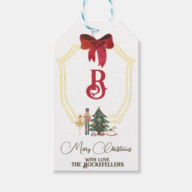 Christmas Monogram Nutcracker Ballet Gift Tags (Front)