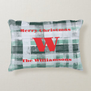 Christmas monogram plaid tartan green white red  accent pillow
