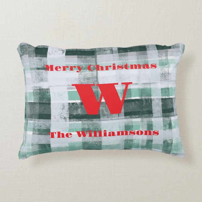 Christmas monogram plaid tartan green white red  accent pillow (Front)