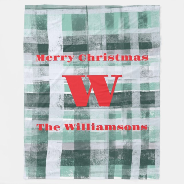 Christmas monogram plaid tartan green white red  fleece blanket (Front)