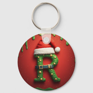 Christmas Monogram R with Santa Hat – Holiday Gift Keychain