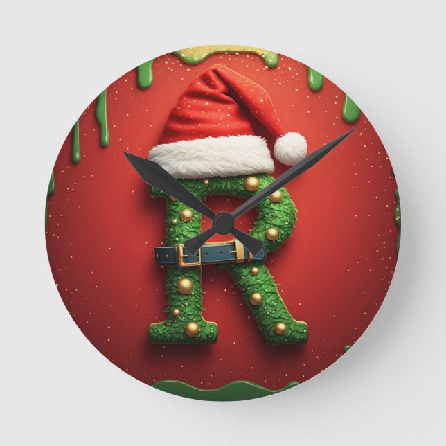 Christmas Monogram R with Santa Hat – Holiday Gift Round Clock (Front)