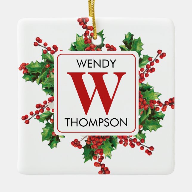 Christmas Monogram Red & Green Festive Ceramic Ornament (Front)