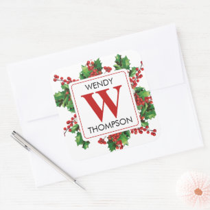 Christmas Monogram Red & Green Festive Square Sticker