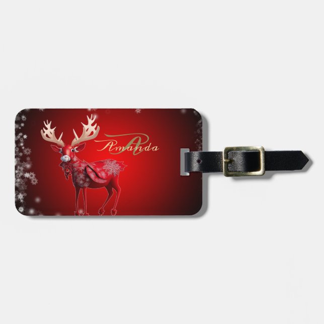 Christmas Monogram Red Reindeer Winter Holidays Luggage Tag (Front Horizontal)