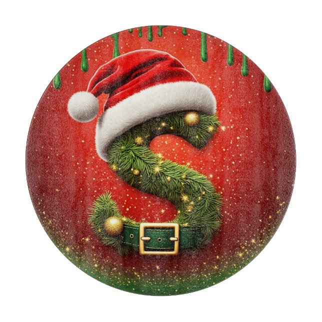 Christmas Monogram S with Santa Hat Holiday Gift Cutting Board (Front)